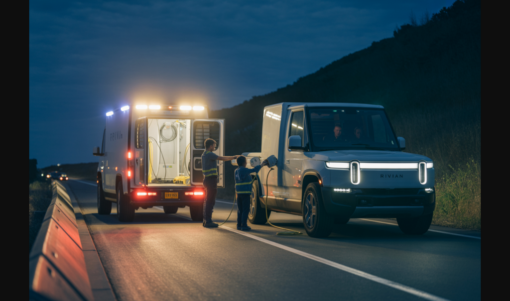Mobile EV charging operator rescuing stranded Rivian at night - EV roadside assistance business in action