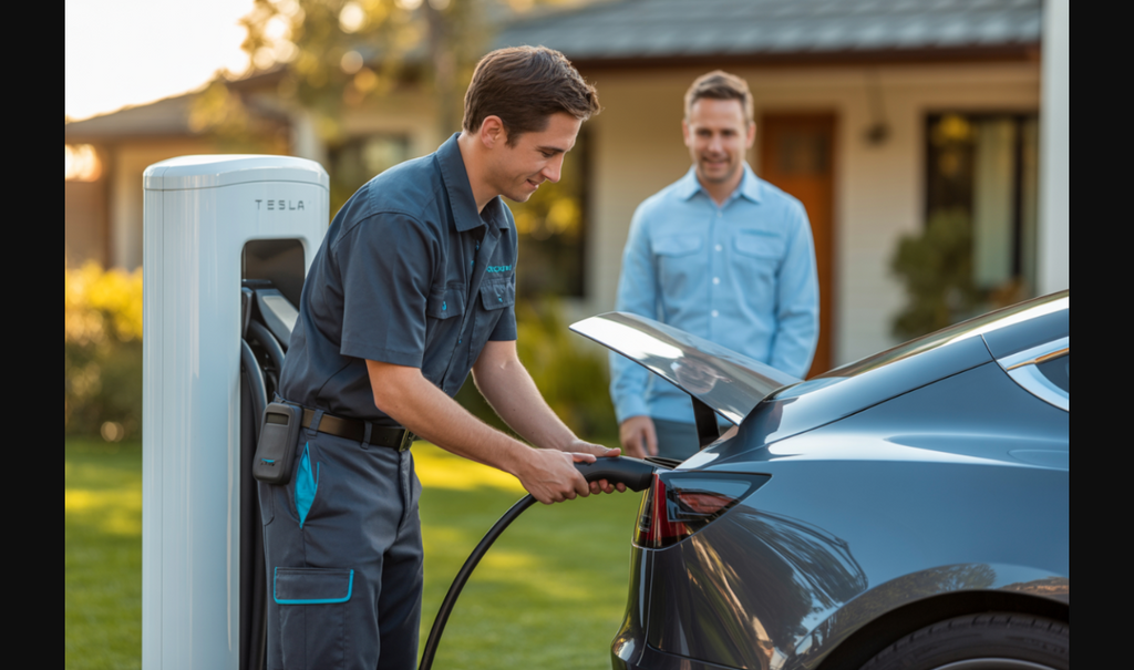 EV charging technician servicing Tesla at residential property - mobile EV business operator providing charging service